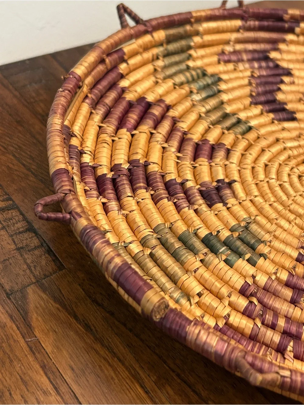 Handwoven Round Decorative Basket Tray - Gold, Burgundy, Olive